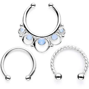 16 Gauge Blue Faux Opal Twisted Horseshoe Clip On Fake Septum Ring Set