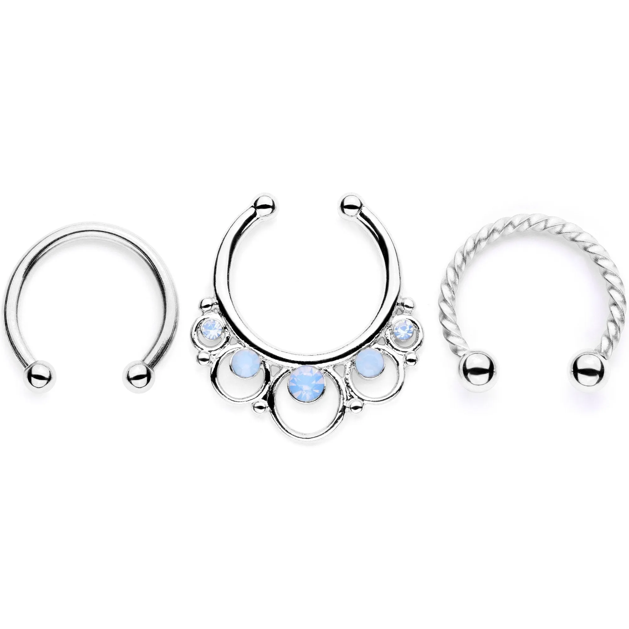 16 Gauge Blue Faux Opal Twisted Horseshoe Clip On Fake Septum Ring Set