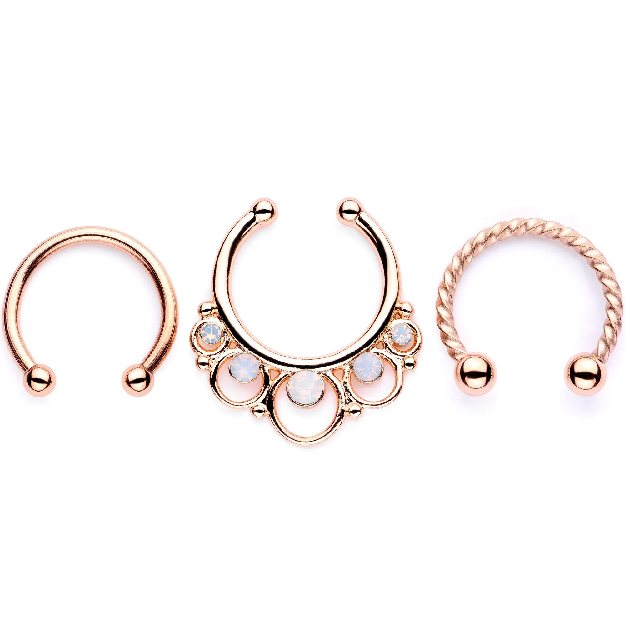 16 Gauge White Faux Opal Rose Gold Tone Twisted Horseshoe Clip On Fake Septum Ring Set