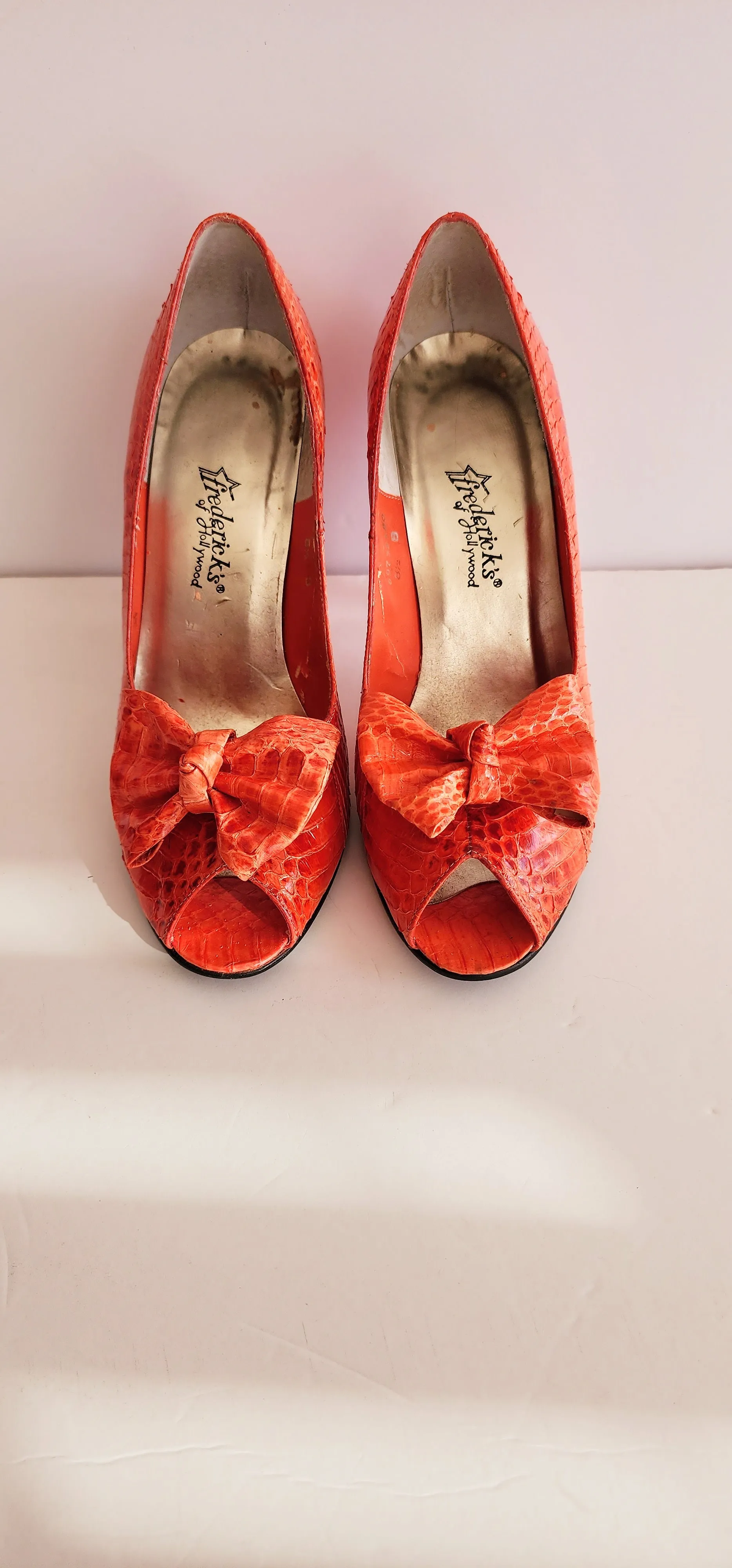 1980s Red High Heels w/Bows Faux Snakeskin Fredericks of Hollywood 8.5