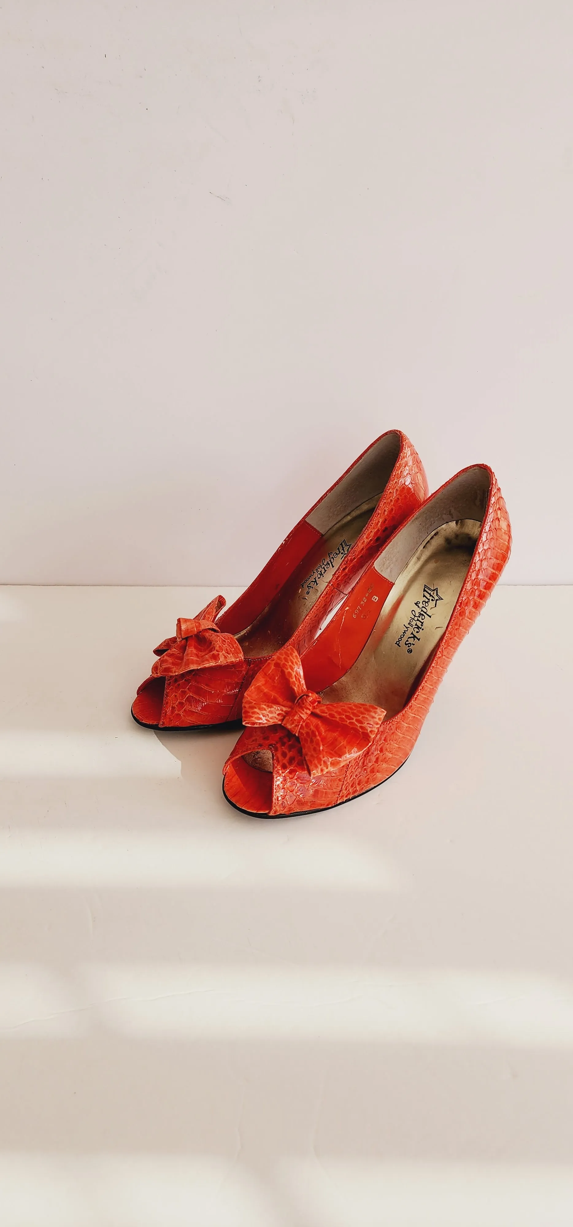 1980s Red High Heels w/Bows Faux Snakeskin Fredericks of Hollywood 8.5