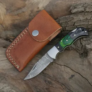 6.5" Handmade Damascus Pocket Knife - Folding Pocket Knife - Color Wood Handle WH 5034
