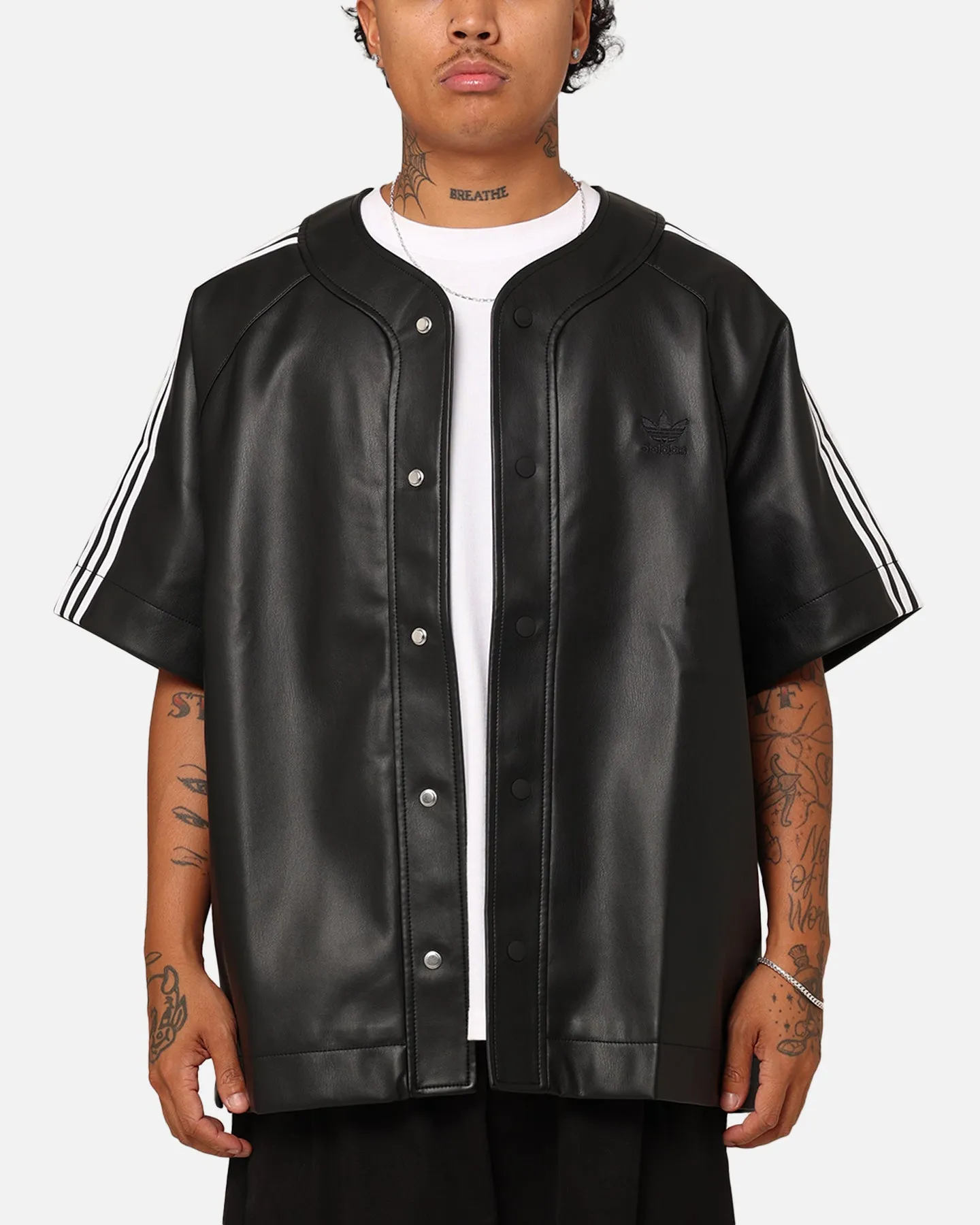 Adidas Faux Leather Adicolour 3-Stripes Baseball T-Shirt Black