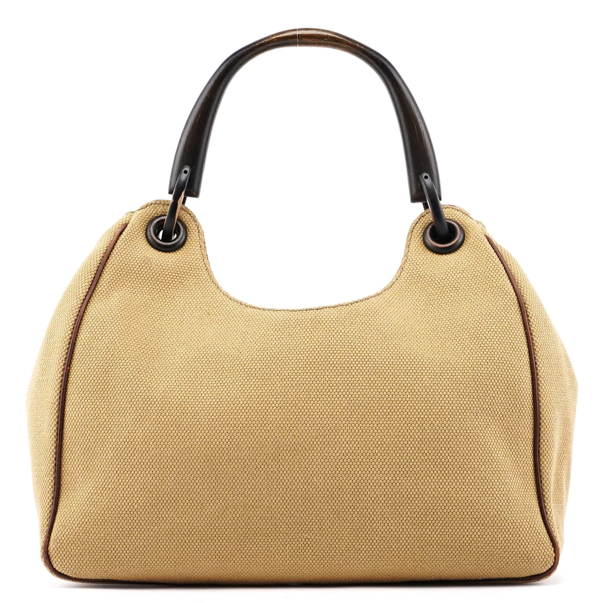 Beige Canvas Wood Handle Shoulder Bag