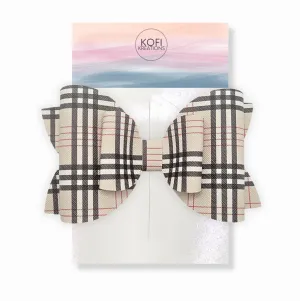 Beige Plaid Leather Hair Bow