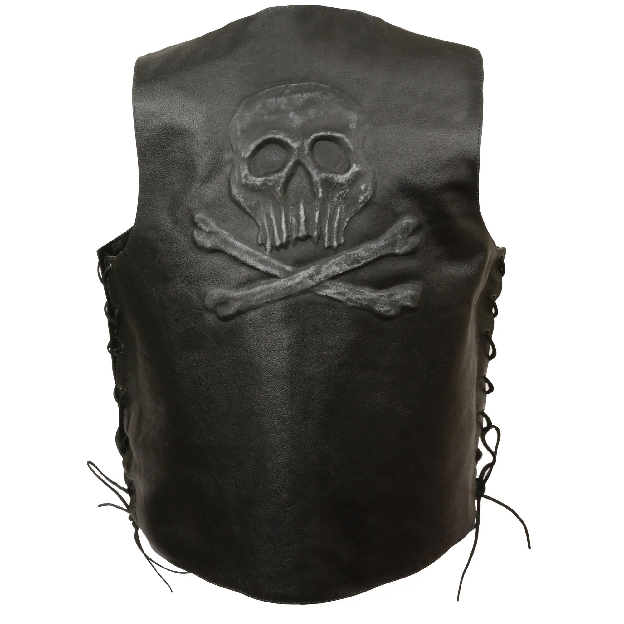 Black ELM3915 Men's Side Lace Leather Vest w/ Skull & Cross Bones