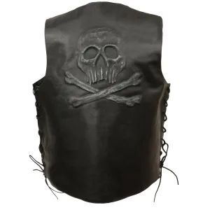 Black ELM3915 Men's Side Lace Leather Vest w/ Skull & Cross Bones