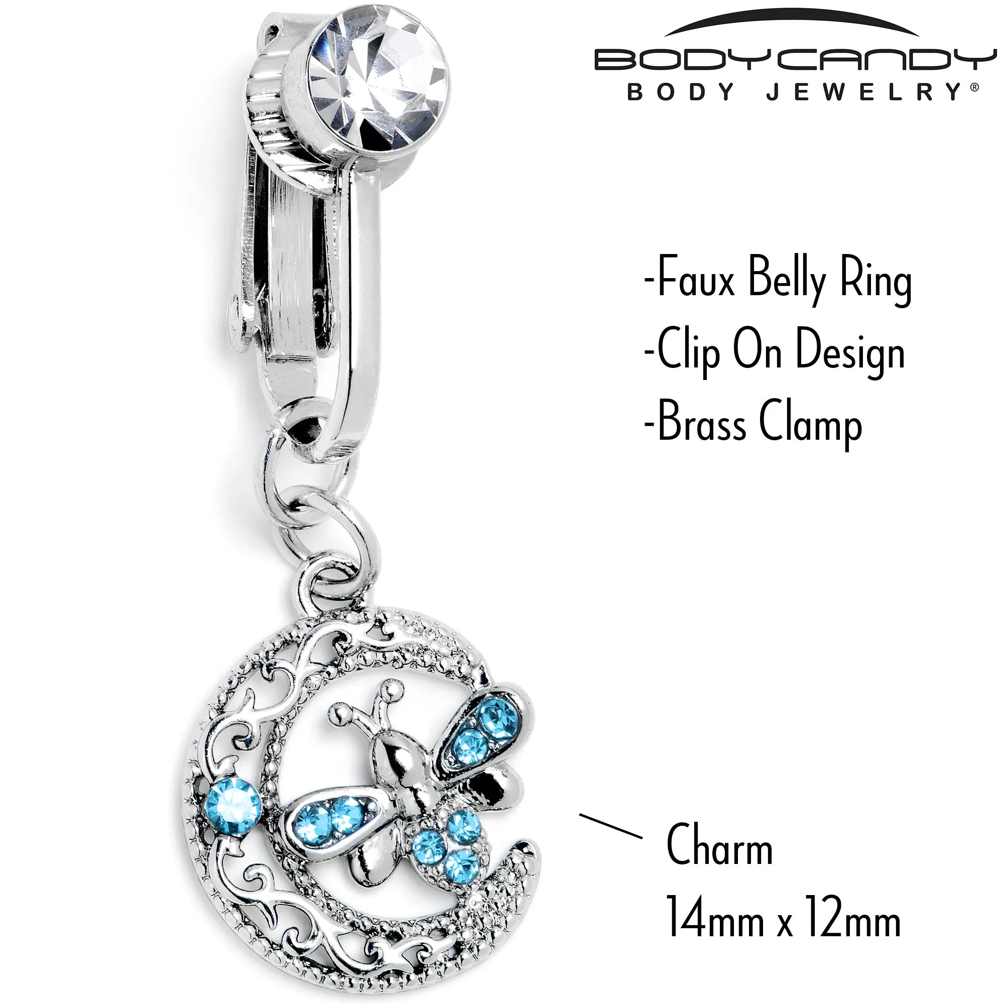 Blue Gem Lunar Dragonfly Fake Clip On Belly Ring