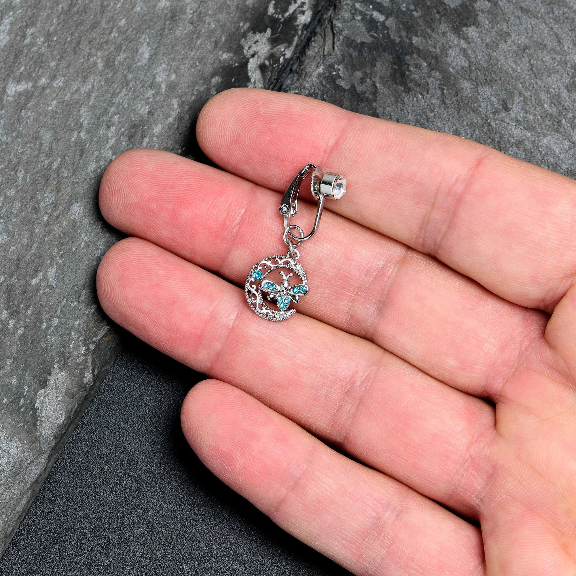 Blue Gem Lunar Dragonfly Fake Clip On Belly Ring