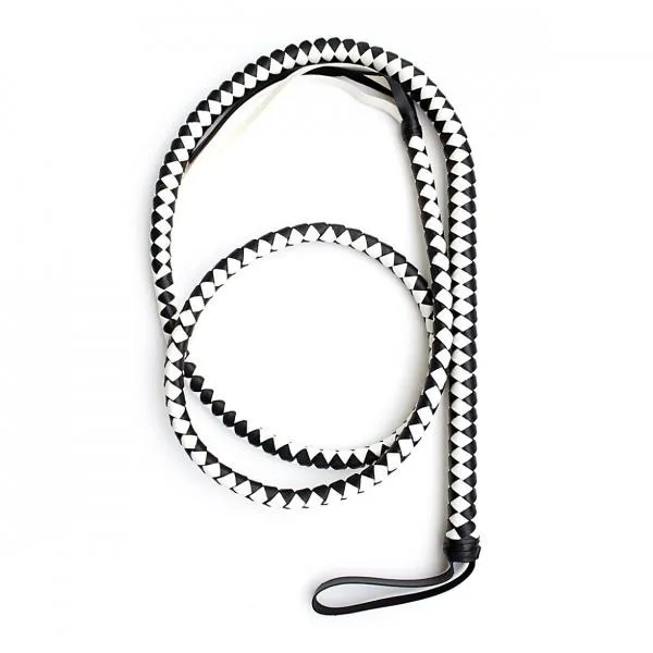 Bonded Leather Long Whip With Braided Handle - Black & White