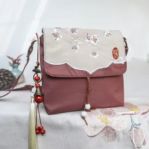 Buddha Stones Plain Brown Embroidered Plum Bossom Cotton Linen Crossbody Bag Shoulder Bag
