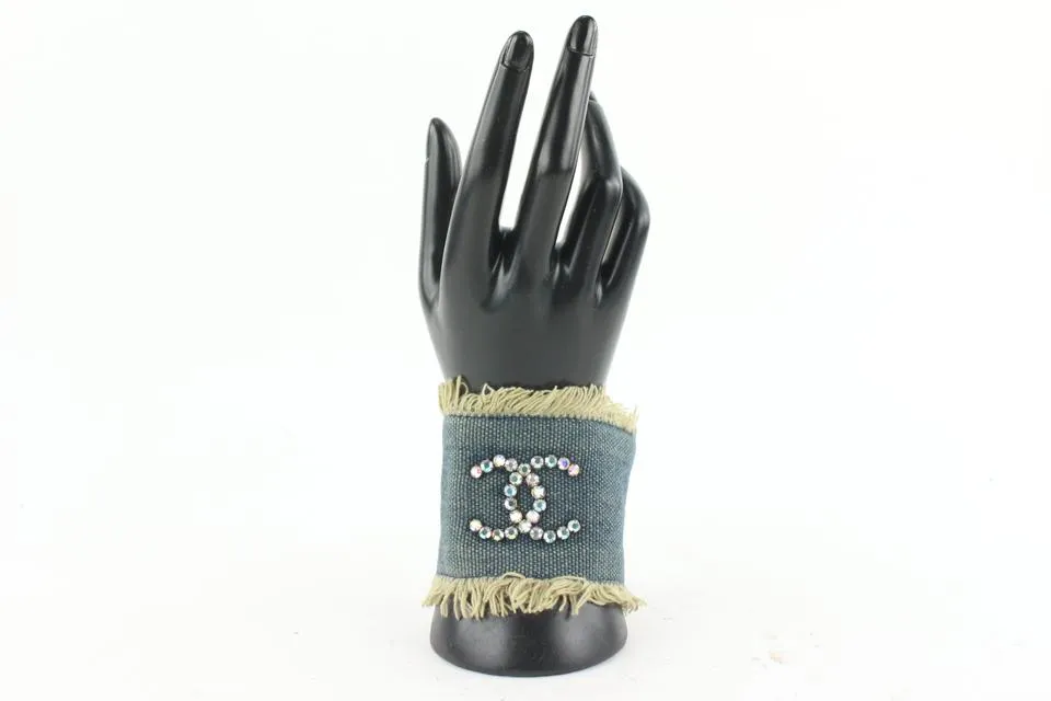 Chanel 01p Denim CC Crystal Logo Cuff Bracelet 611cas616