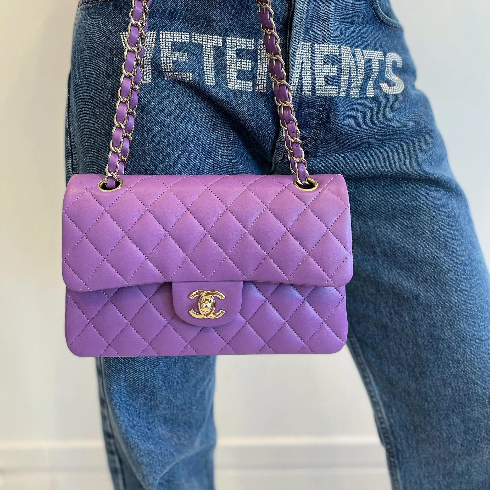 Chanel 22P Purple Lambskin Quilted Small Classic Flap Bag