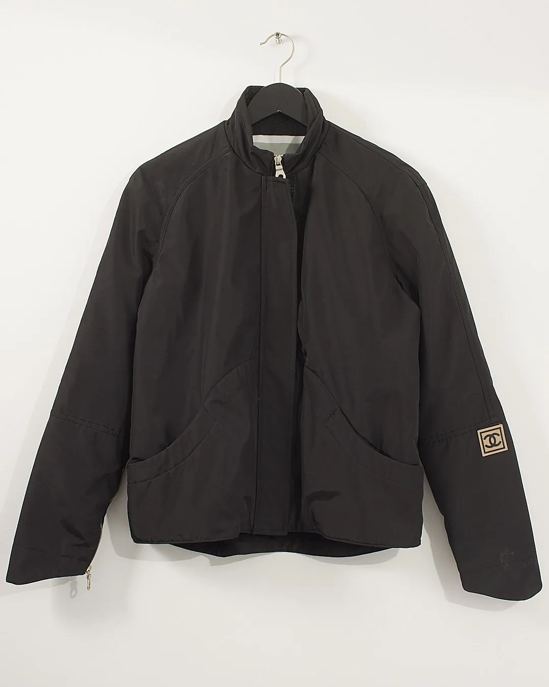 Chanel Black Nylon Logo Bomber Jacket - 44