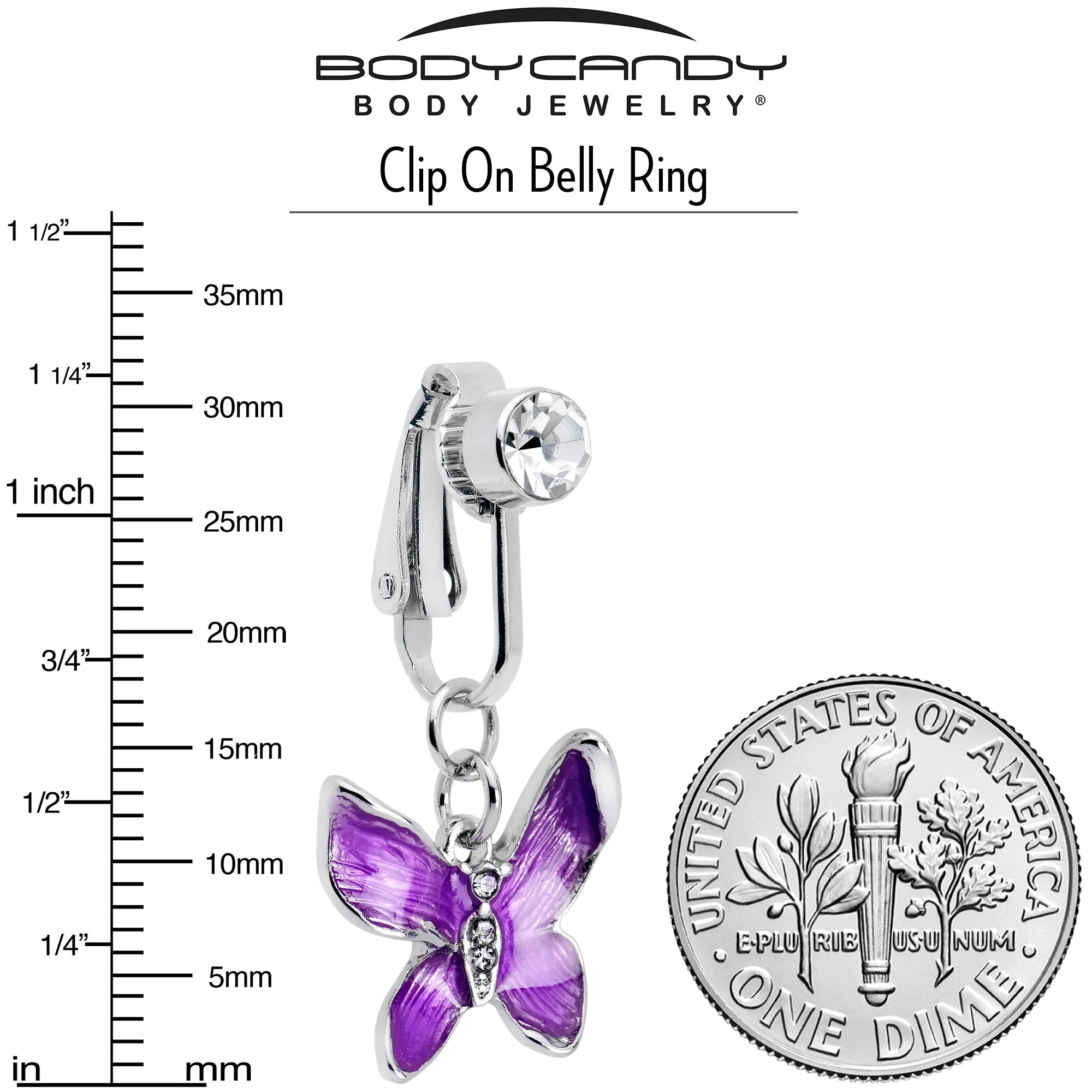 Clear Gem Chunky Butterfly Purple Clip On Fake Belly Ring