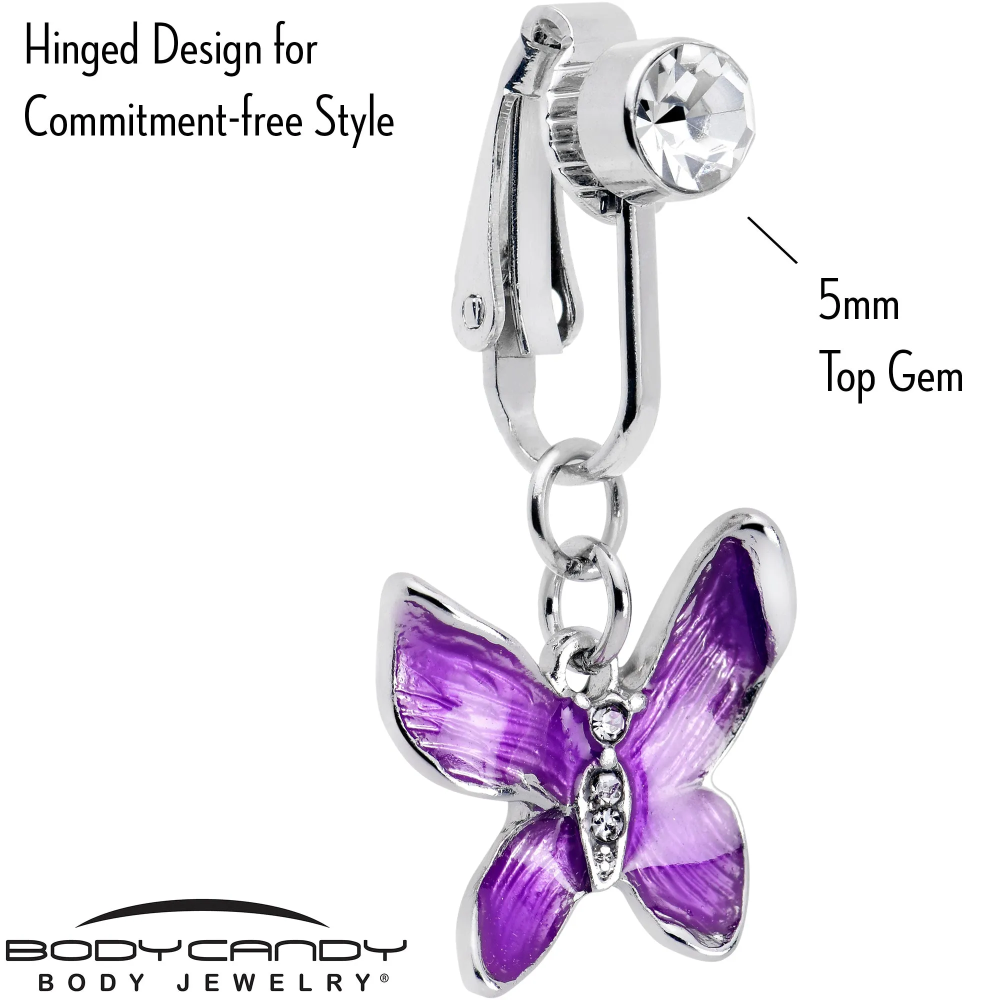 Clear Gem Chunky Butterfly Purple Clip On Fake Belly Ring