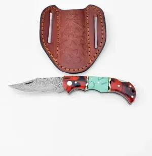 DAMASCUS STEEL POCKET KNIFE - RED & BLUE RESIN