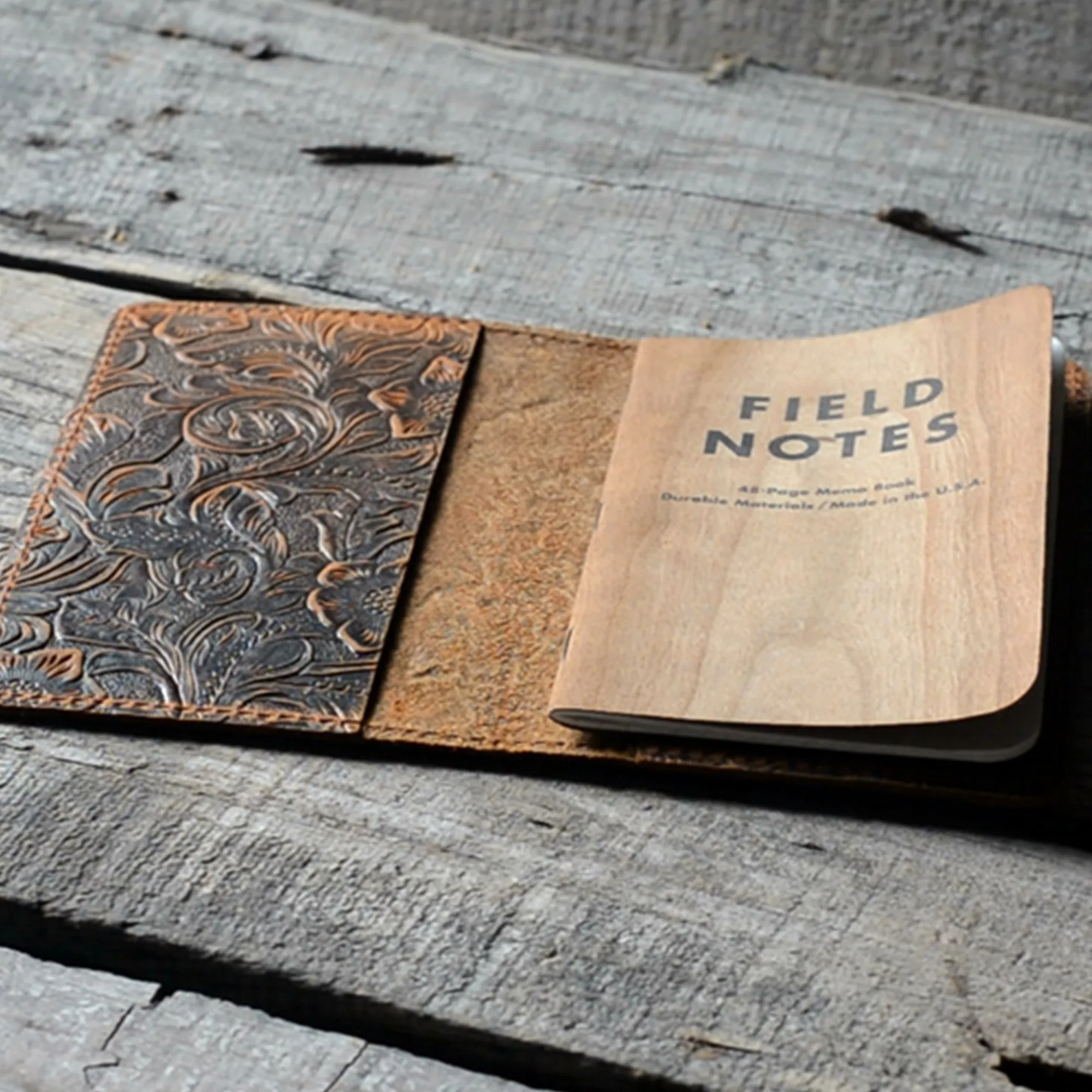 Distressed Genuine Leather Travel Journal Field Notes Cover  for 3.5 x 5.5 Notebook Moleskine Cahier Flower brown