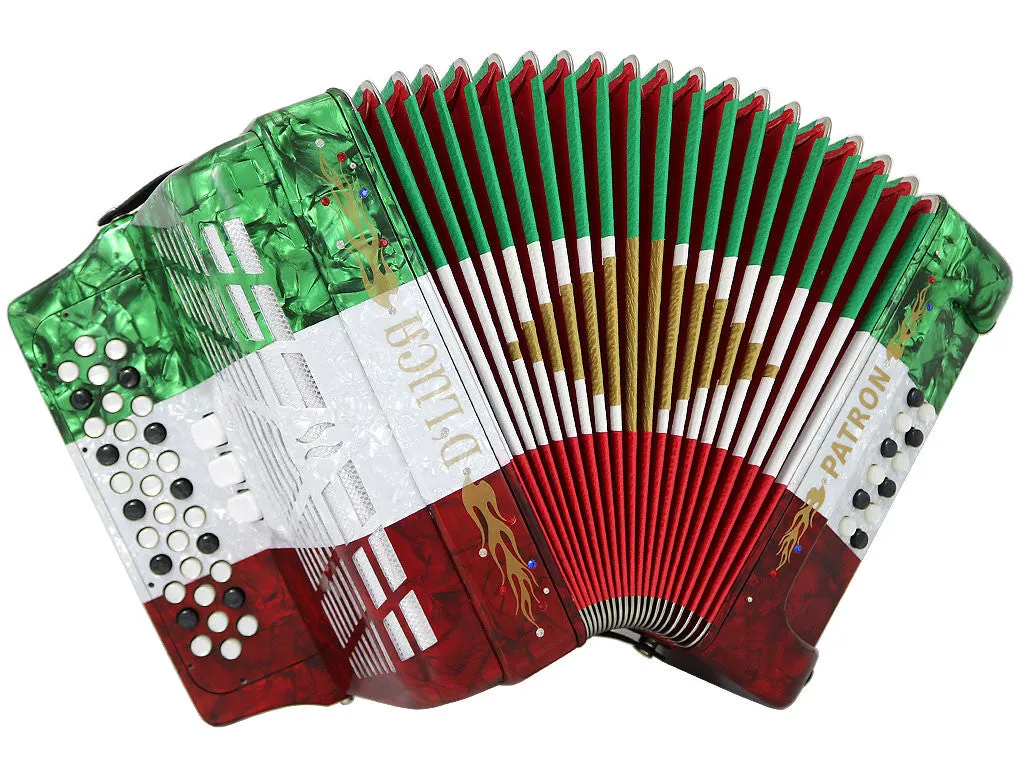 D'Luca Patron Button Accordion 3 Switches 34 Keys 12 Bass on GCF Key with Case and Straps, Red, White, Green