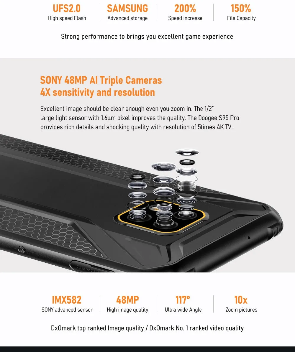 DOOGEE S95 Pro Mobile Phone IP68/IP69K Waterproof 6.3inch Smartphone 5150mAh Helio P90 CPU 8GB RAM 128GB ROM 48MP 16MP 8MP Camera Android 9.0 Pie System Black_European version