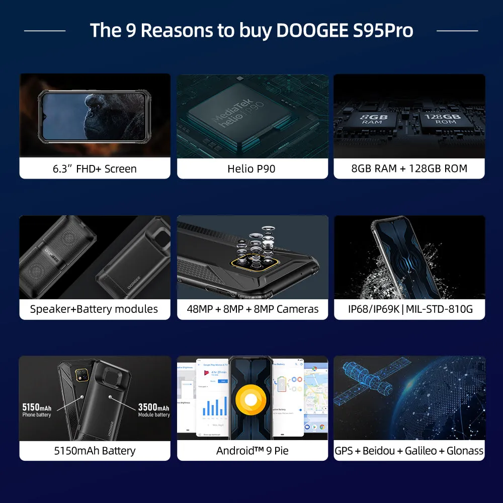DOOGEE S95 Pro Mobile Phone IP68/IP69K Waterproof 6.3inch Smartphone 5150mAh Helio P90 CPU 8GB RAM 128GB ROM 48MP 16MP 8MP Camera Android 9.0 Pie System Black_European version