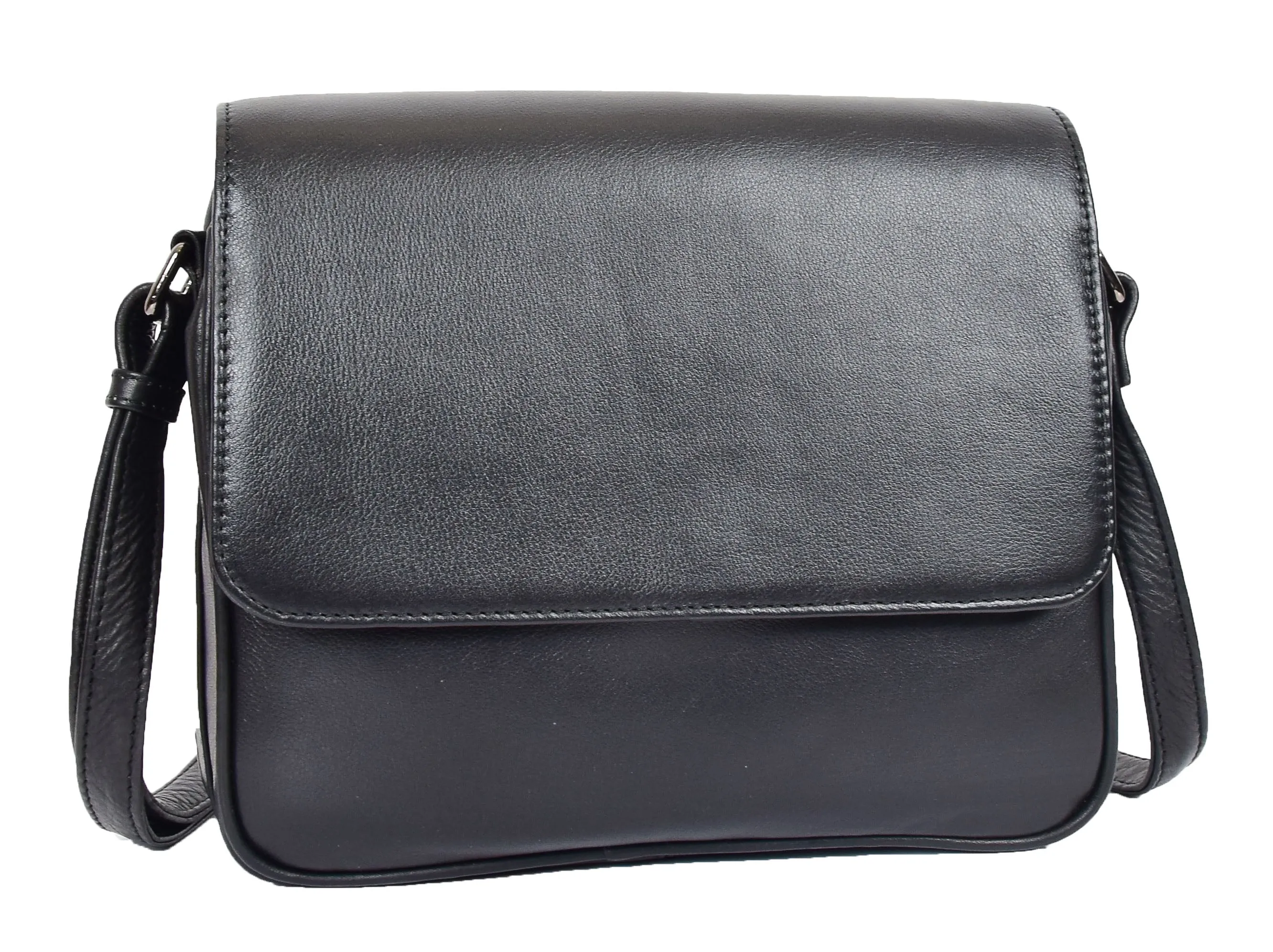 DR350 Women's Leather Cross Body Bag Casual Flap over Organiser Black
