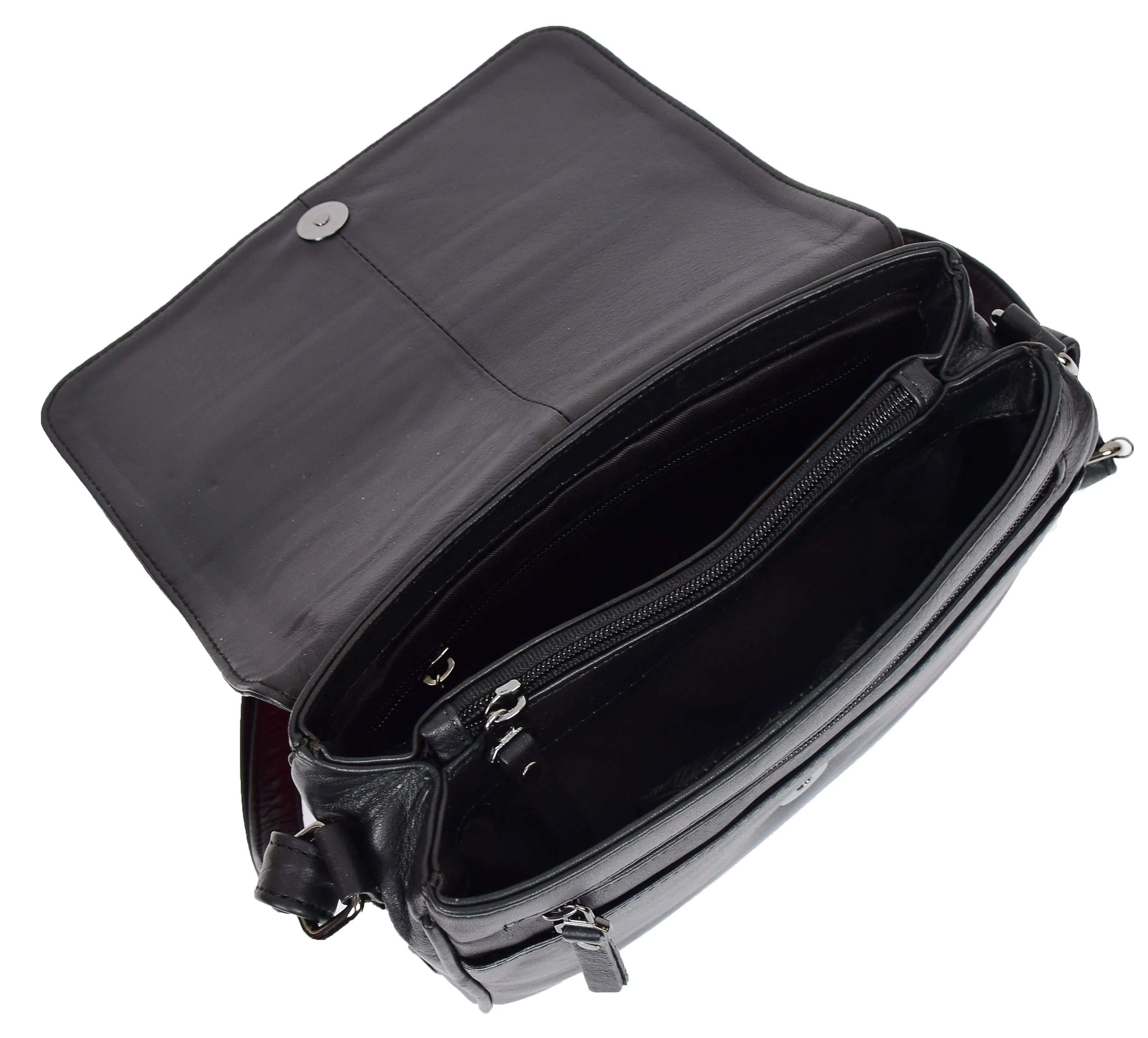 DR350 Women's Leather Cross Body Bag Casual Flap over Organiser Black