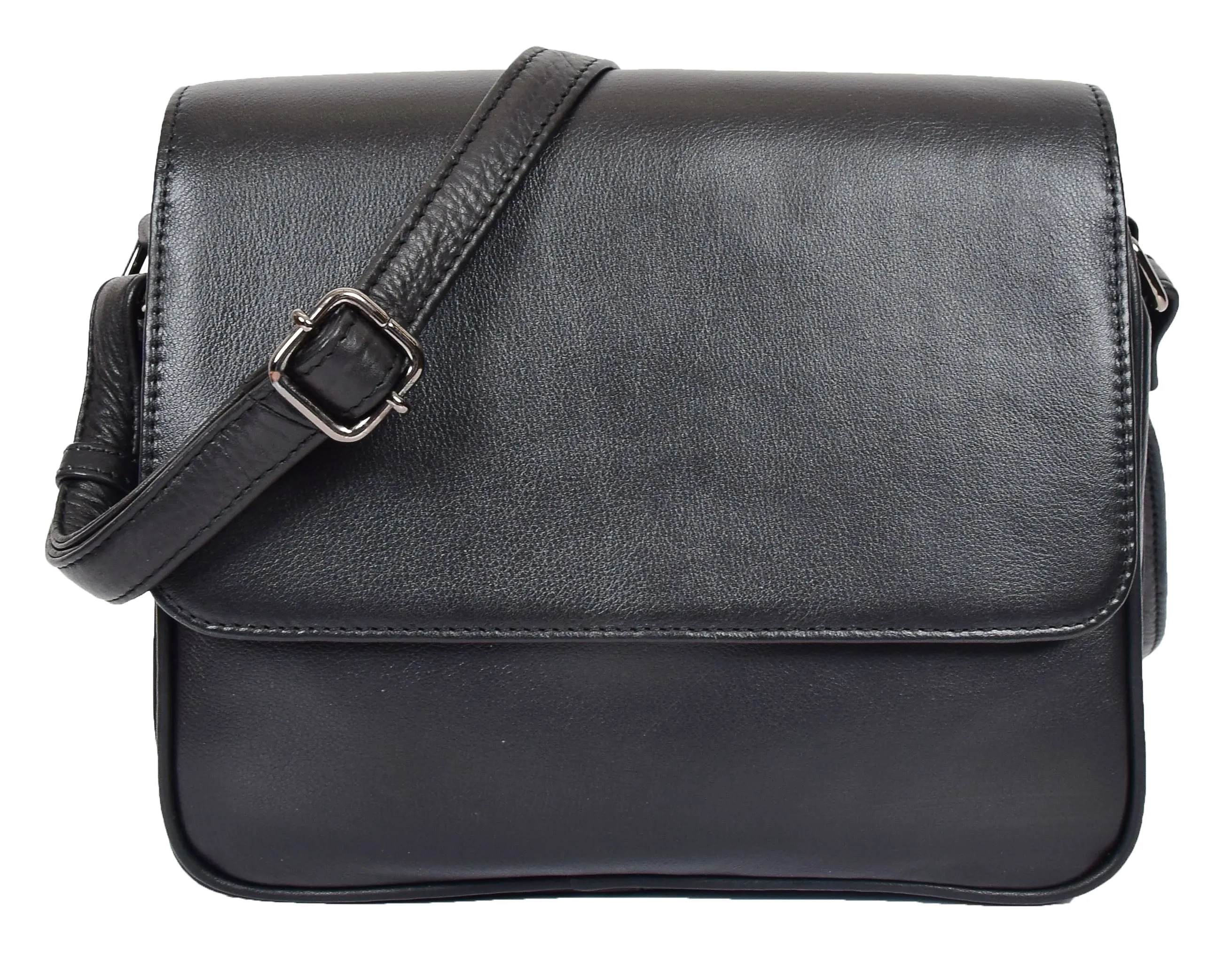 DR350 Women's Leather Cross Body Bag Casual Flap over Organiser Black