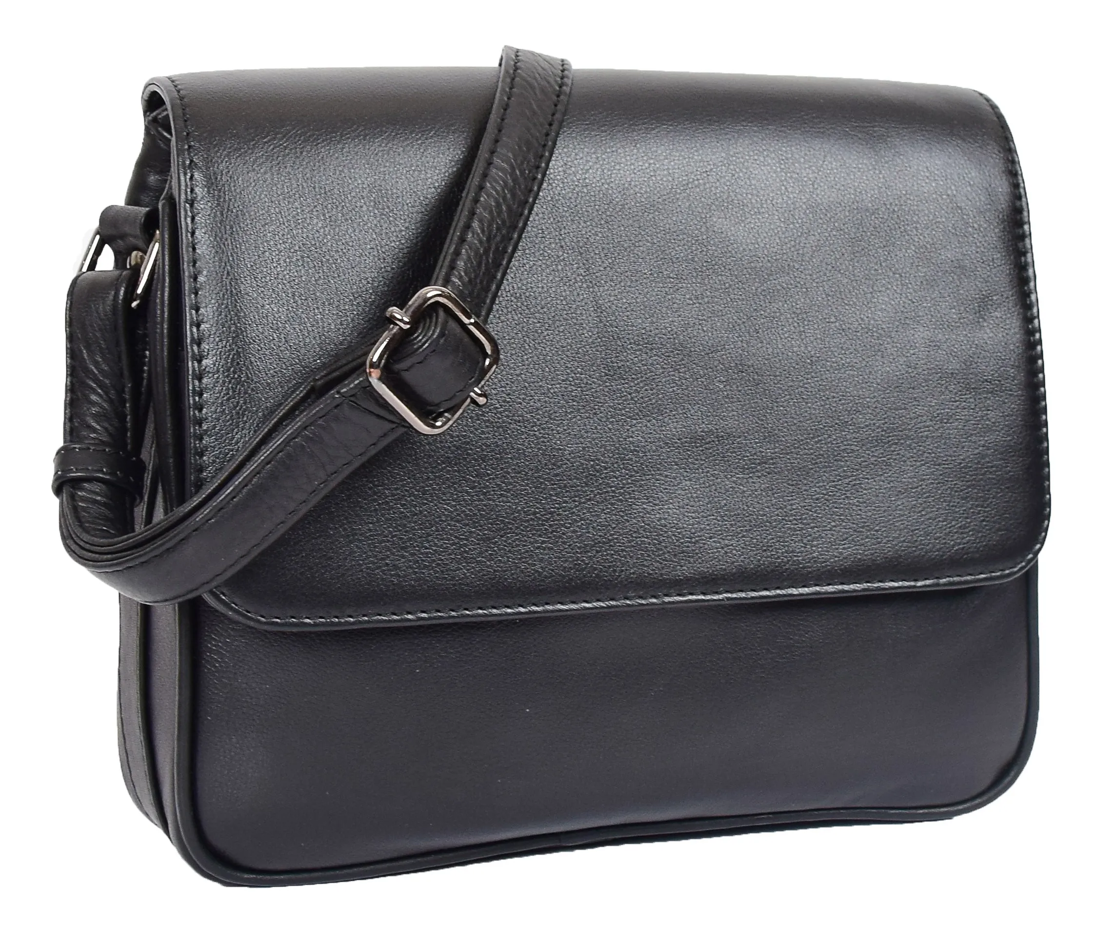 DR350 Women's Leather Cross Body Bag Casual Flap over Organiser Black