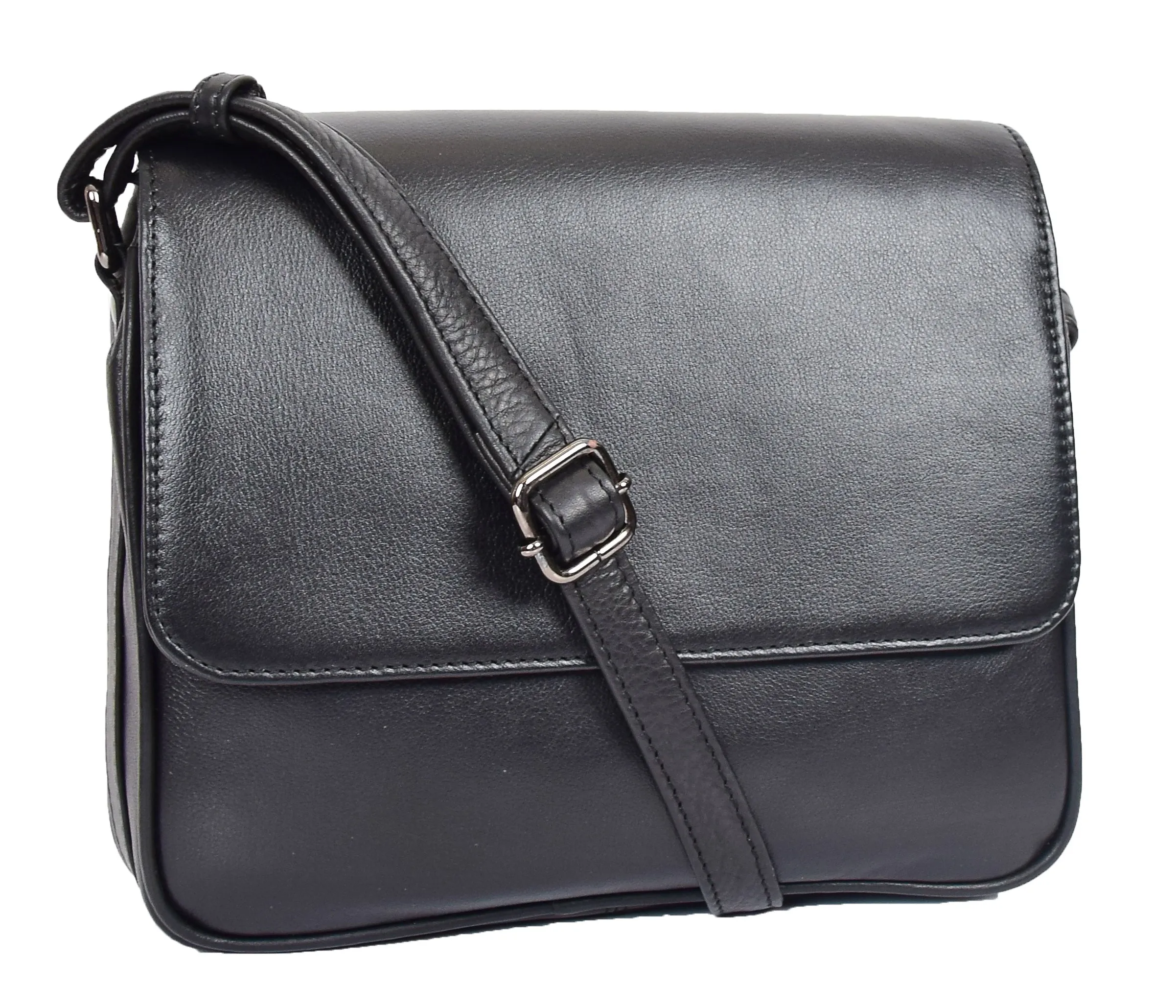 DR350 Women's Leather Cross Body Bag Casual Flap over Organiser Black