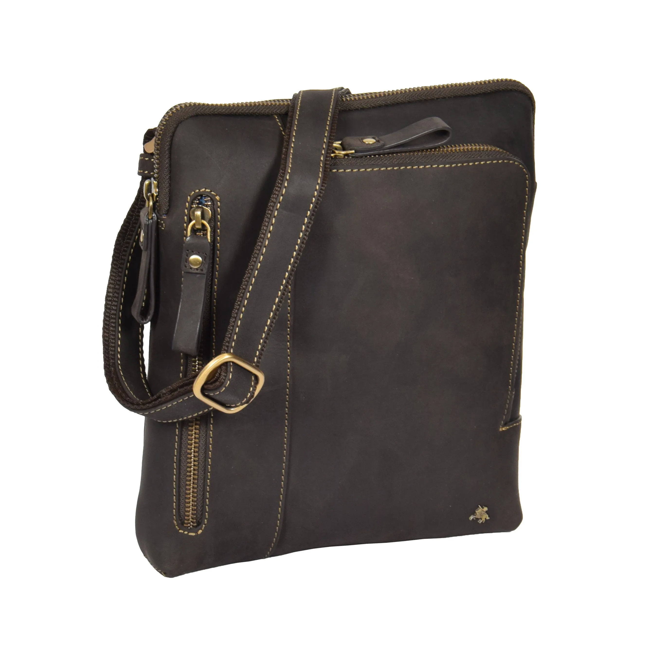 DR372 Men's Real Leather Tablet Shoulder Bag Brown