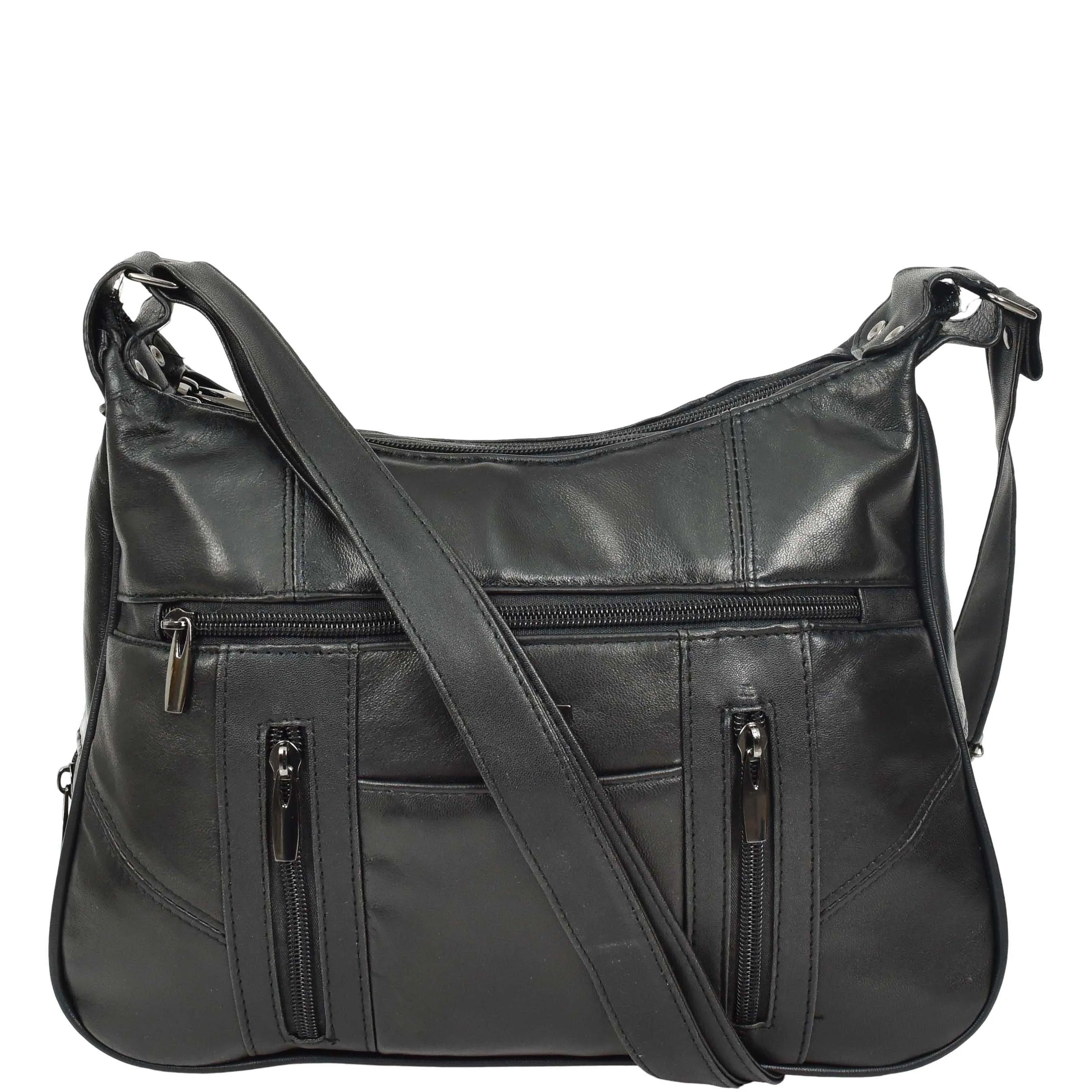 DR668 Women's Large Sized Real Leather Cross Body Bag Black