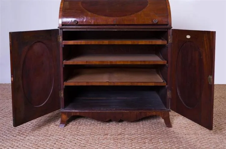 Early 19th Century George III Inlaid Mahogany Roll-Top Secretary Bookcase