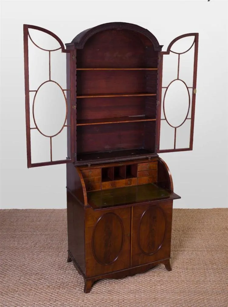 Early 19th Century George III Inlaid Mahogany Roll-Top Secretary Bookcase