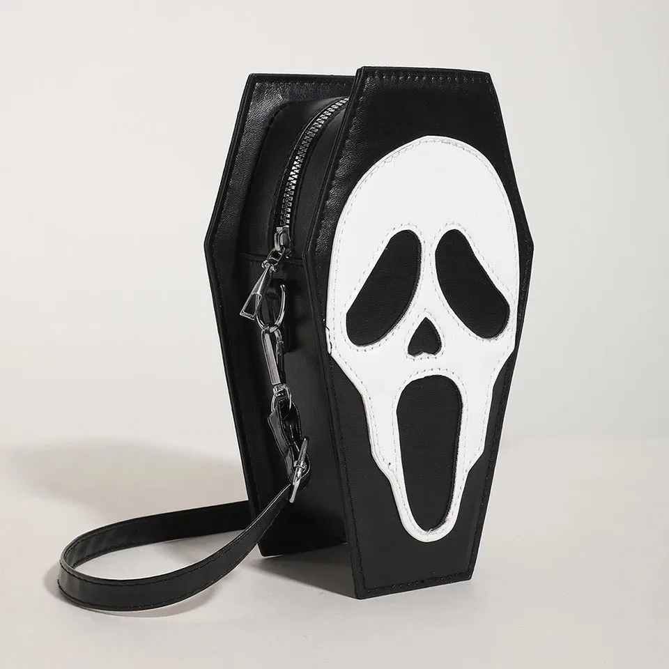 Faux Leather Ghost Face Coffin Shaped Cross Body Bag
