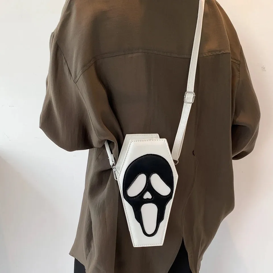 Faux Leather Ghost Face Coffin Shaped Cross Body Bag