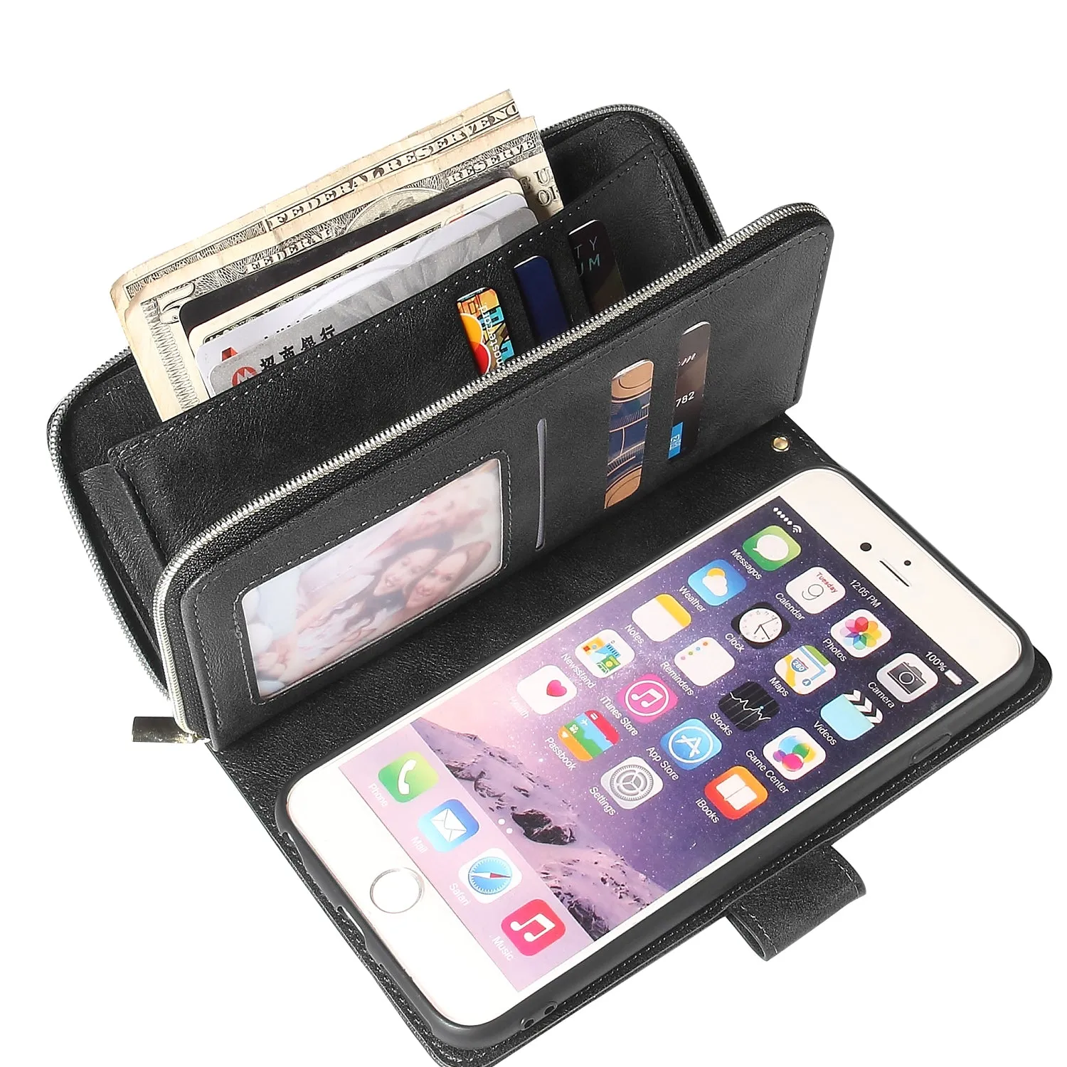 For Iphone 6/6s/6 Plus/6s Plus/7 Plus/8 Plus Pu Leather  Mobile Phone Cover Zipper Card Bag   Wrist Strap black