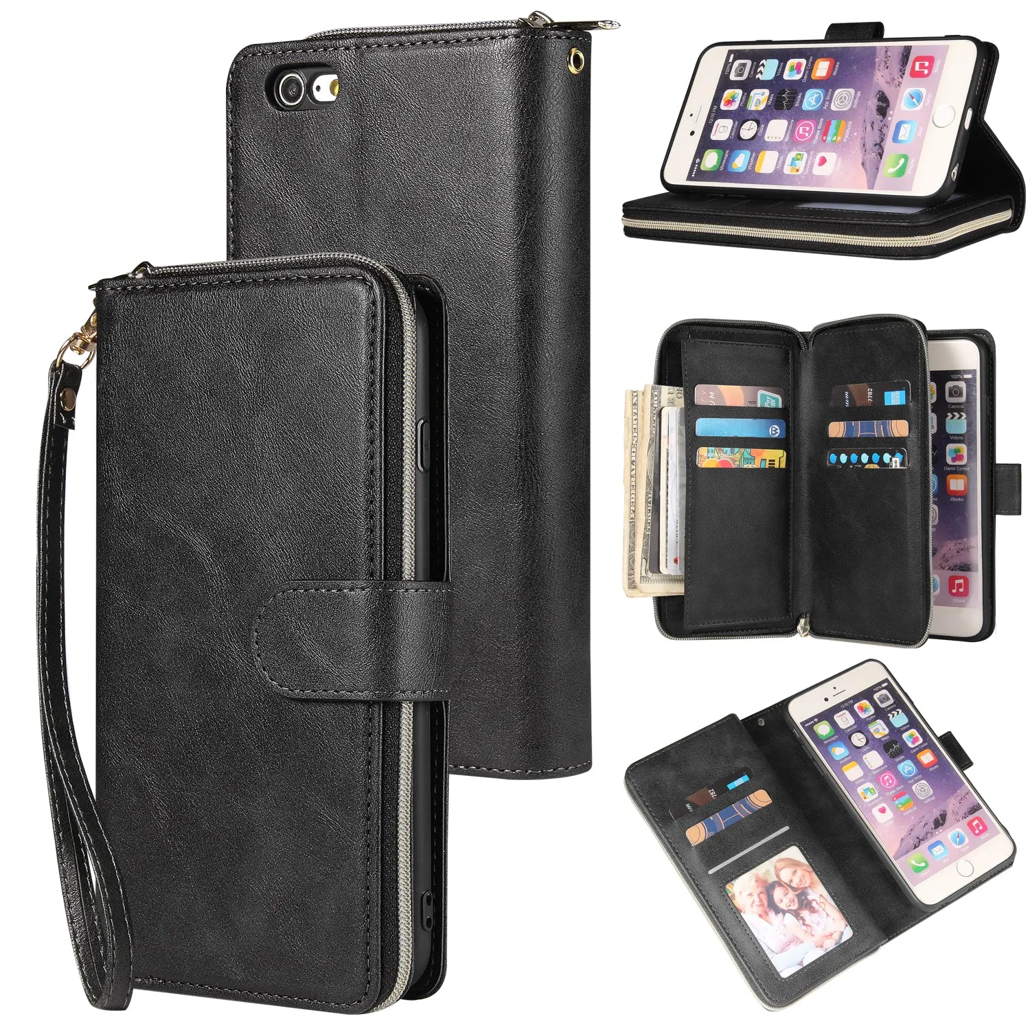 For Iphone 6/6s/6 Plus/6s Plus/7 Plus/8 Plus Pu Leather  Mobile Phone Cover Zipper Card Bag   Wrist Strap black