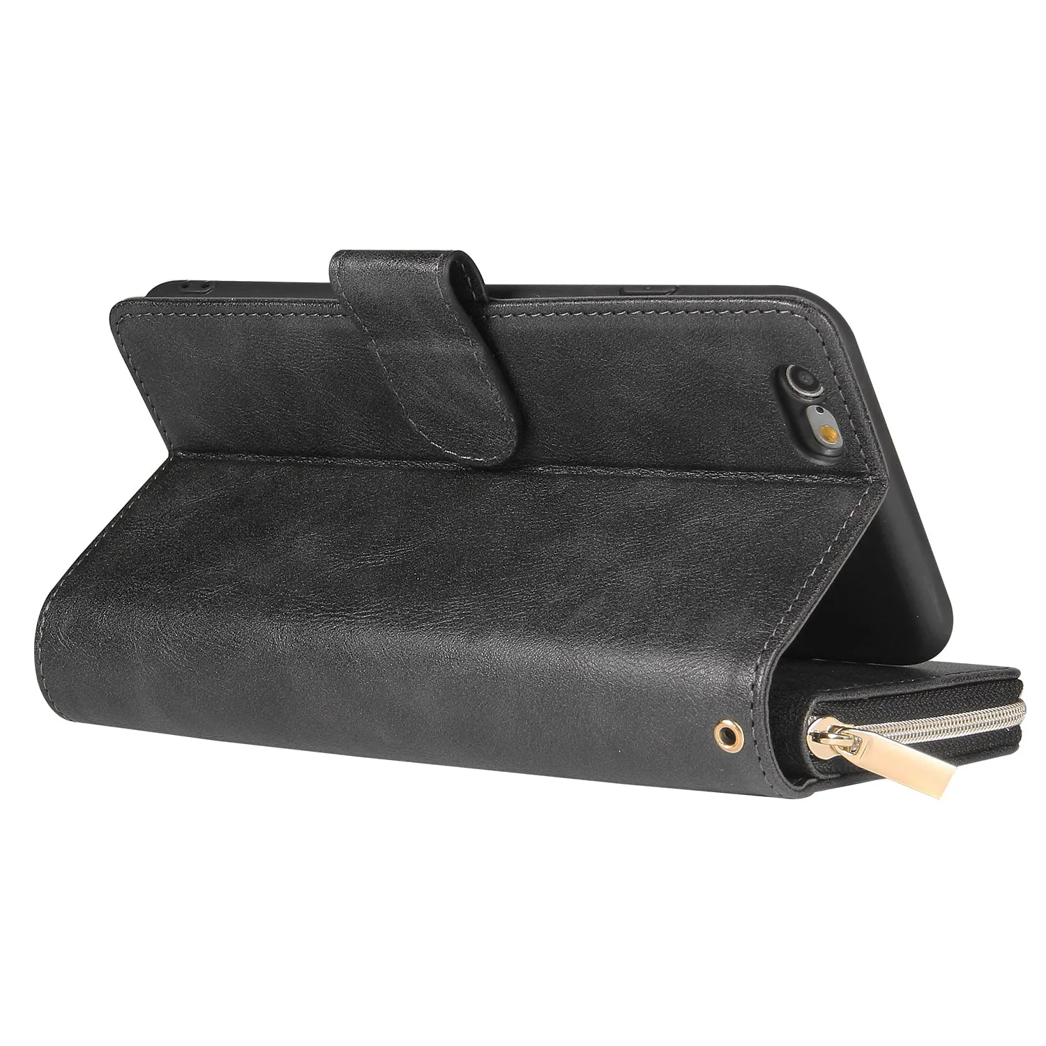 For Iphone 6/6s/6 Plus/6s Plus/7 Plus/8 Plus Pu Leather  Mobile Phone Cover Zipper Card Bag   Wrist Strap black