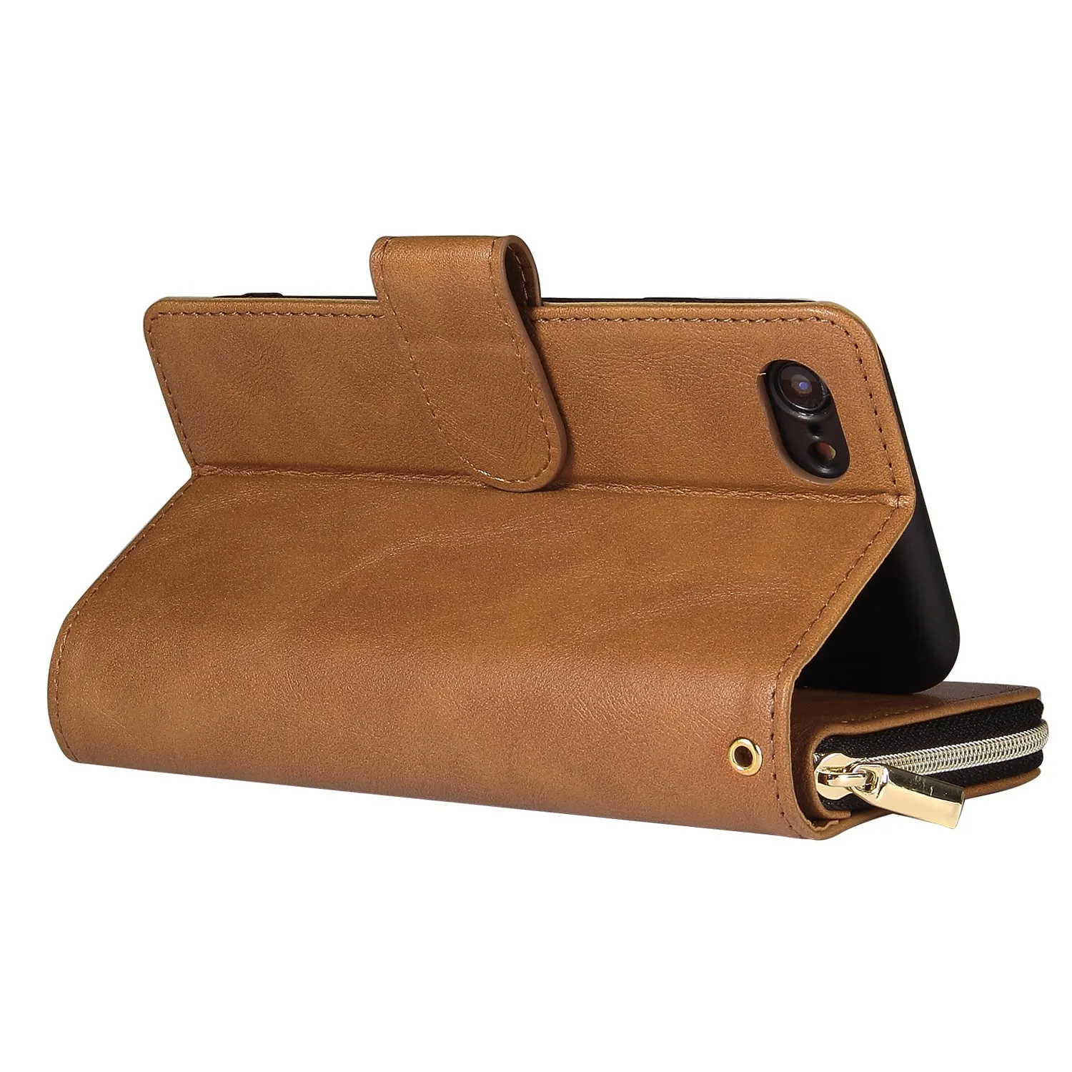 For Iphone 6/6s/6 Plus/6s Plus/7 Plus/8 Plus Pu Leather  Mobile Phone Cover Zipper Card Bag   Wrist Strap brown