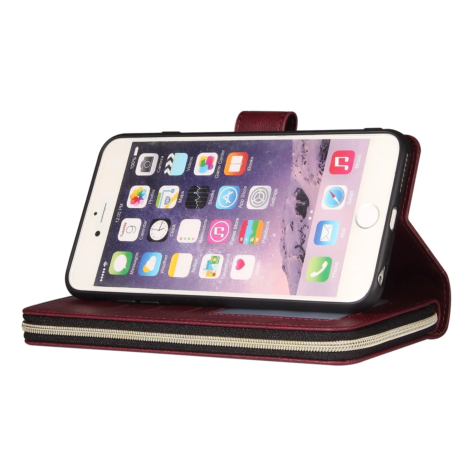 For Iphone 6/6s/6 Plus/6s Plus/7 Plus/8 Plus Pu Leather  Mobile Phone Cover Zipper Card Bag   Wrist Strap Red wine