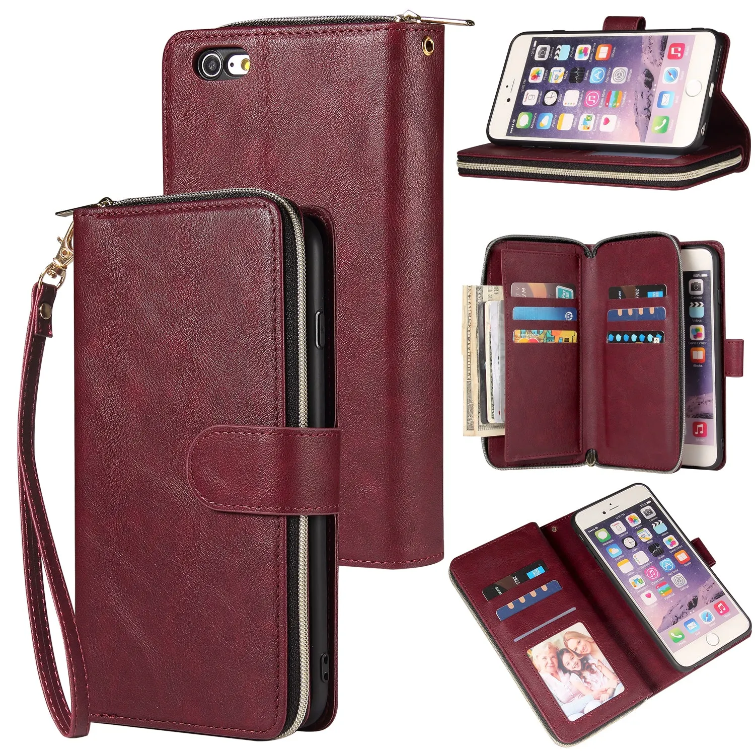 For Iphone 6/6s/6 Plus/6s Plus/7 Plus/8 Plus Pu Leather  Mobile Phone Cover Zipper Card Bag   Wrist Strap Red wine