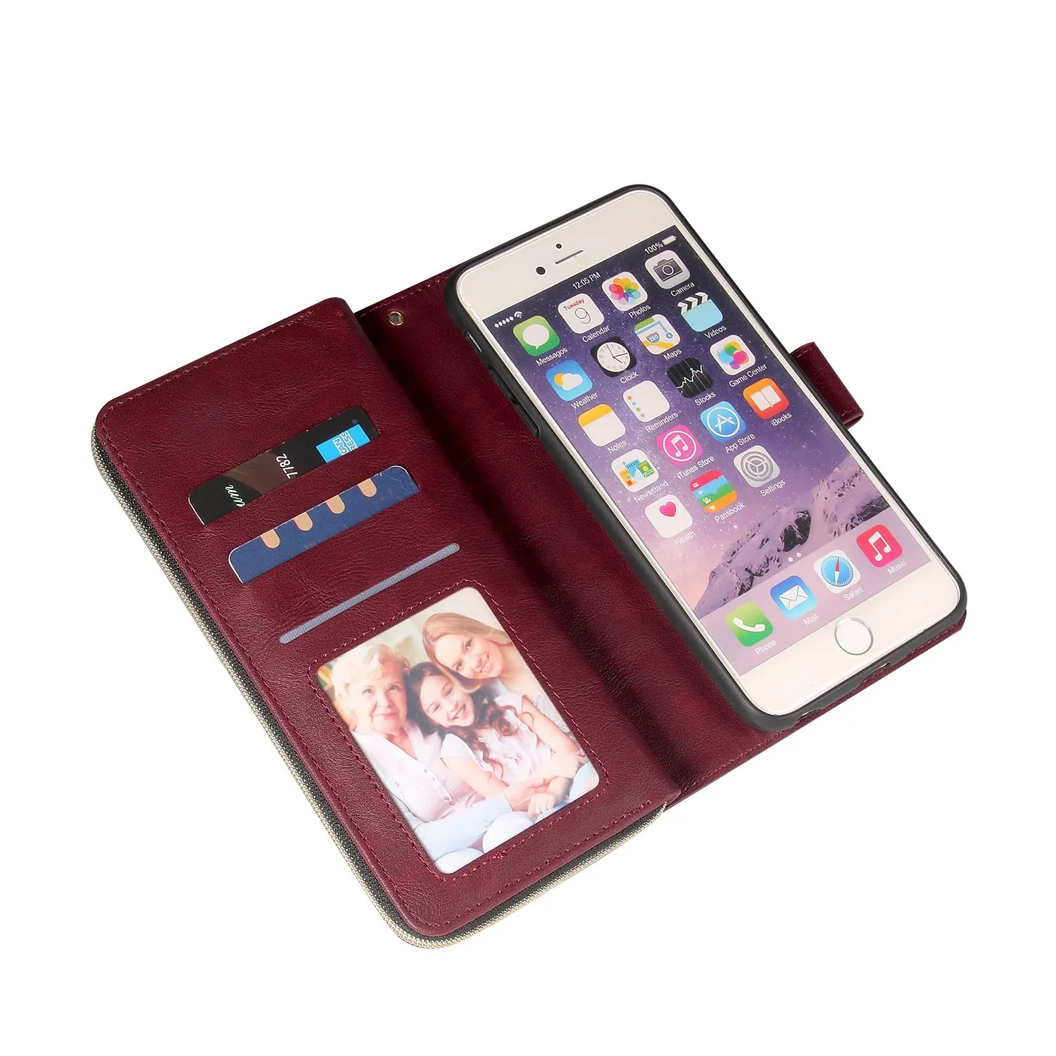 For Iphone 6/6s/6 Plus/6s Plus/7 Plus/8 Plus Pu Leather  Mobile Phone Cover Zipper Card Bag   Wrist Strap Red wine