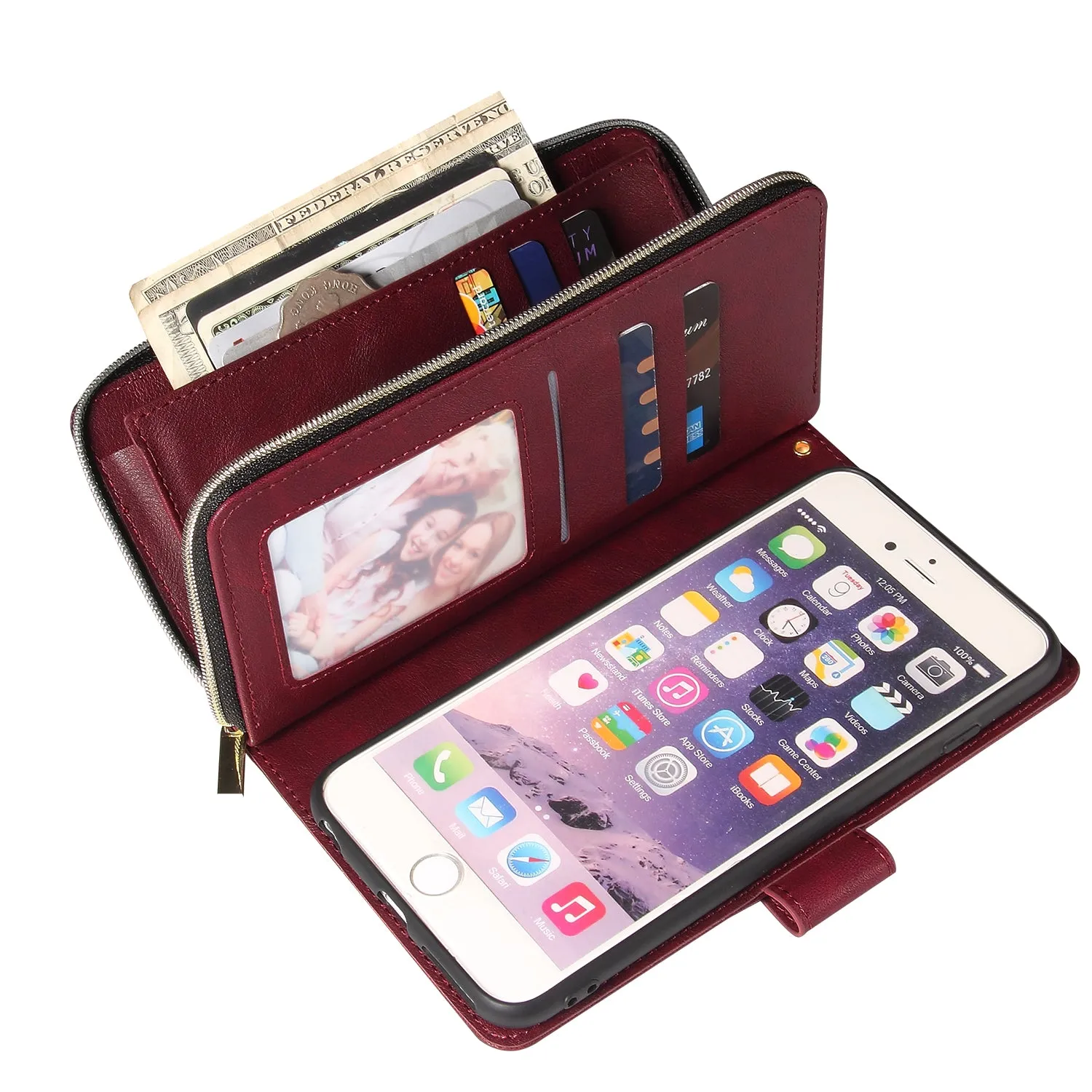 For Iphone 6/6s/6 Plus/6s Plus/7 Plus/8 Plus Pu Leather  Mobile Phone Cover Zipper Card Bag   Wrist Strap Red wine