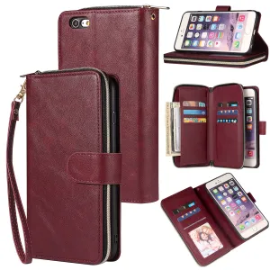 For Iphone 6/6s/6 Plus/6s Plus/7 Plus/8 Plus Pu Leather  Mobile Phone Cover Zipper Card Bag   Wrist Strap Red wine