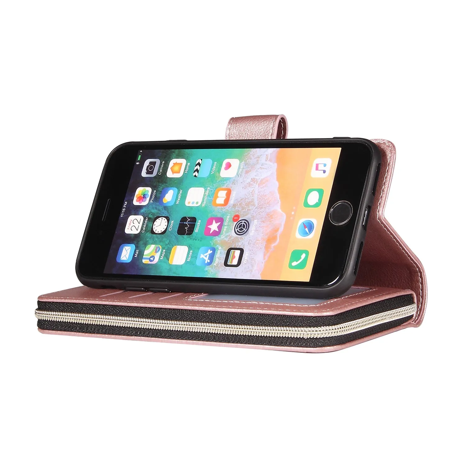 For Iphone 6/6s/6 Plus/6s Plus/7 Plus/8 Plus Pu Leather  Mobile Phone Cover Zipper Card Bag   Wrist Strap Rose gold