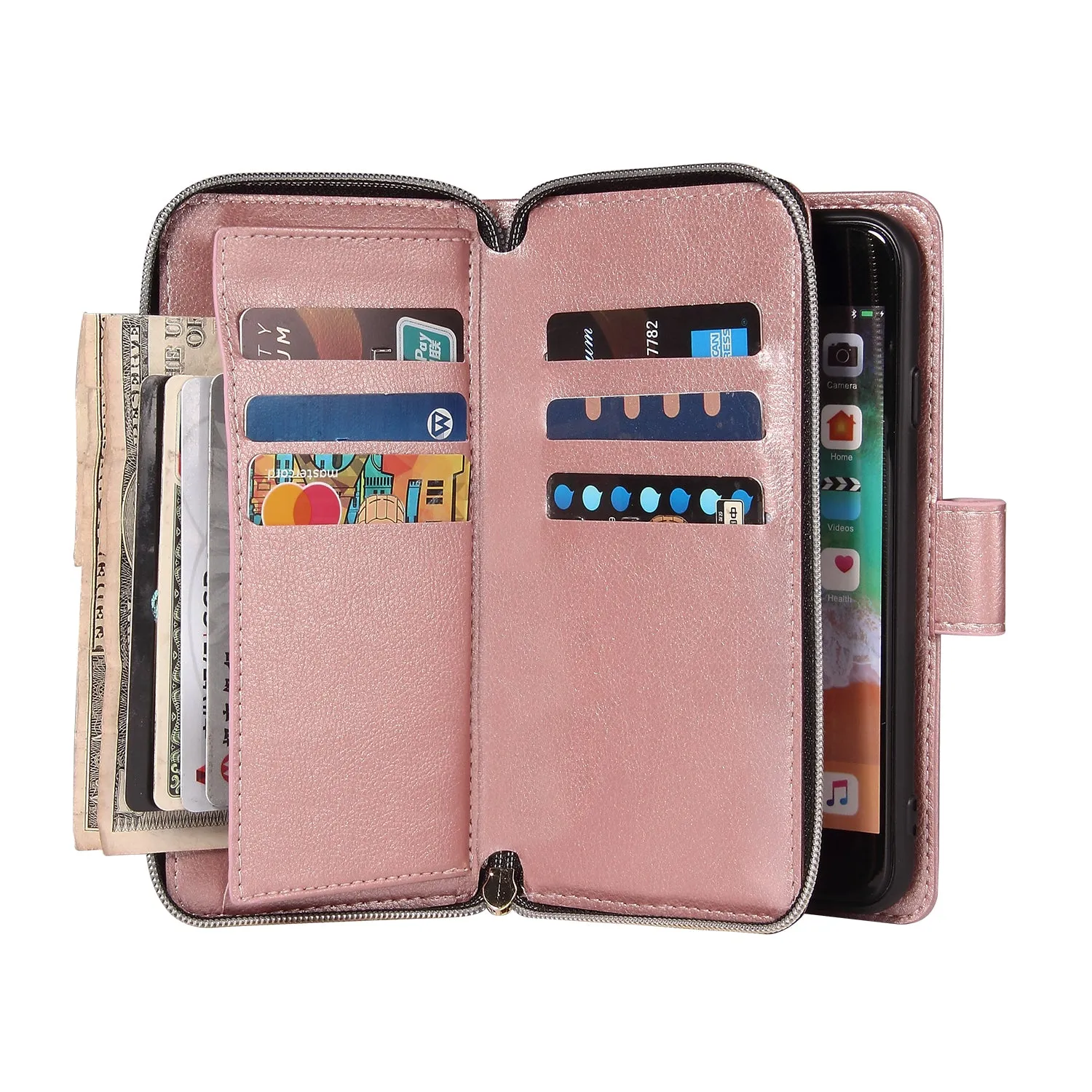 For Iphone 6/6s/6 Plus/6s Plus/7 Plus/8 Plus Pu Leather  Mobile Phone Cover Zipper Card Bag   Wrist Strap Rose gold