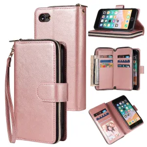 For Iphone 6/6s/6 Plus/6s Plus/7 Plus/8 Plus Pu Leather  Mobile Phone Cover Zipper Card Bag   Wrist Strap Rose gold
