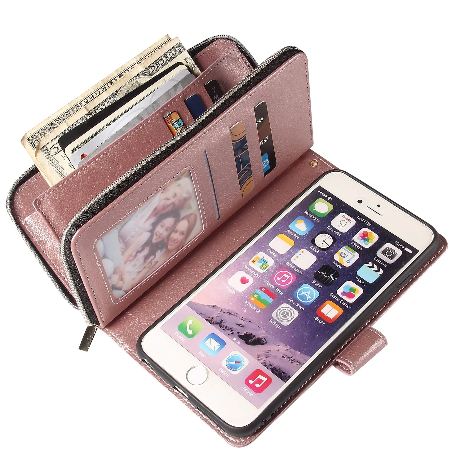 For Iphone 6/6s/6 Plus/6s Plus/7 Plus/8 Plus Pu Leather  Mobile Phone Cover Zipper Card Bag   Wrist Strap Rose gold