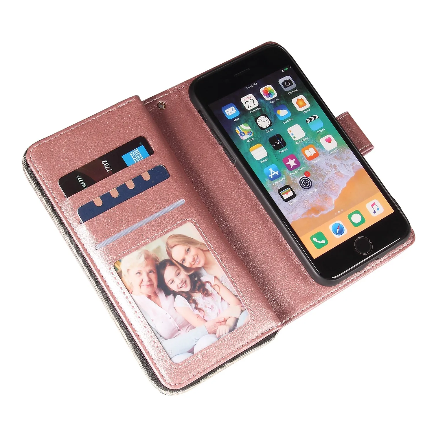 For Iphone 6/6s/6 Plus/6s Plus/7 Plus/8 Plus Pu Leather  Mobile Phone Cover Zipper Card Bag   Wrist Strap Rose gold
